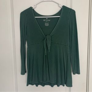 Women’s XS AMERICAN EAGLE Green 3/4 Sleeve Tie Front Viscose Babydoll Top